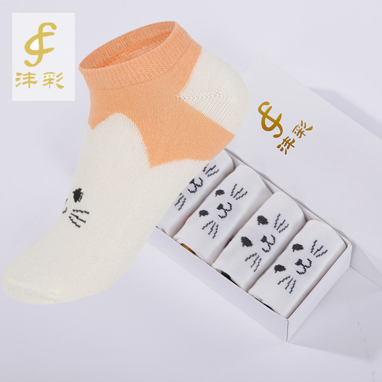 灃彩襪業 女士純棉禮盒裝卡通襪子 小貓花形 五色均配 可代發