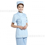 松鑫護士服短袖夏分體套裝 白大褂醫生服粉白藍 偏襟立領款美容服