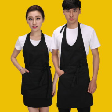 批發現貨供應V領系帶圍裙酒吧咖啡廳奶茶店服務員工作服定制logo