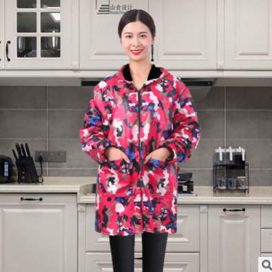 加絨罩衣冬款迷彩大褂男女款長袖圍裙工作服圍腰帶帽拉鏈紐扣定制