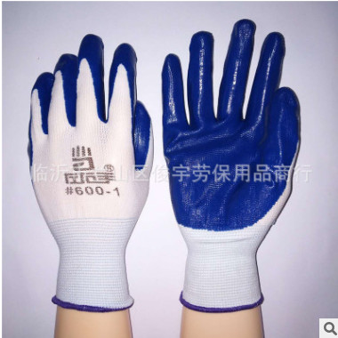 廠家供應左右手600-1十三針尼龍藍丁腈手套 浸膠耐磨防油勞保手套