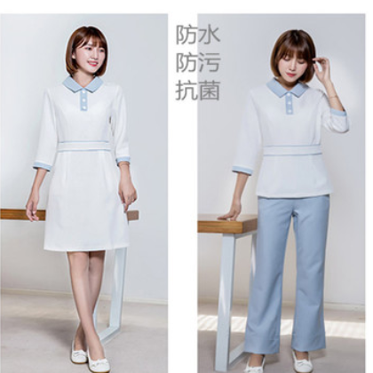 美容師工作服短袖套裝大碼修身彈力拼色護士服高端月子中心服裝