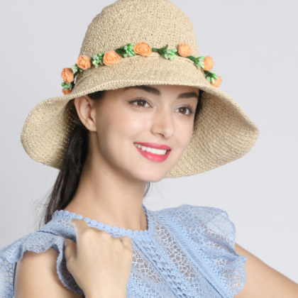 帽子女夏天可折疊防曬遮陽帽海邊沙灘度假大檐草帽漁夫盆帽配花環