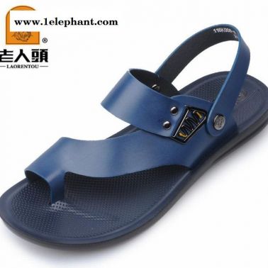 老人頭116k008-3卡其-8藍色沙灘鞋涼皮鞋真皮男涼鞋套