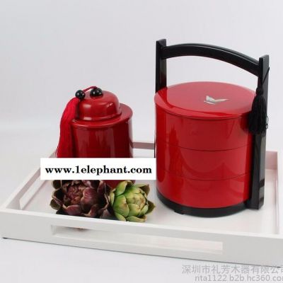 禮芳 樣板房軟裝配飾品 漆器紅色圓提籃收納盒 新中式現代家居擺件 樣板房裝飾品