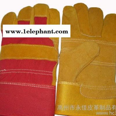 牛皮制防護手套 紅藍條漿袖本色駁掌 皮勞保手套