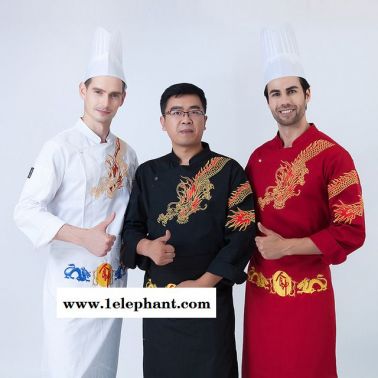 廚師長(zhǎng)工作服長(zhǎng)袖 繡龍黑紅白色酒店餐廳后廚房總廚師服 秋冬裝