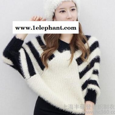 2013秋季新品品牌女裝**袖套頭V領條紋毛衣
