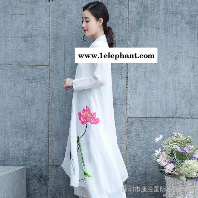 2016春秋新款七分袖棉麻連衣裙女復古長裙文藝印花無袖套裝背