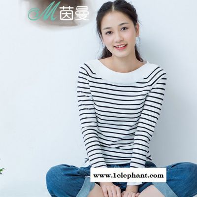 茵曼 2016春裝新款一字領長袖套頭毛衣薄款女條紋棉質薄款長袖衫