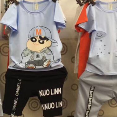 湖南常德**可愛卡通印花童裝短袖套褲批發富民服裝雙子城十元純棉T恤衫套裝批發網夜市地攤貨源批發貨到付款菲池魚