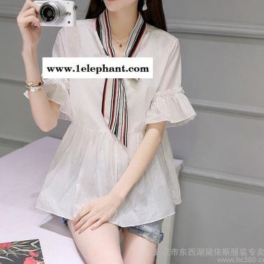 2016夏裝新款韓范娃娃衫百搭純色甜美短袖套頭立領寬松襯衫上