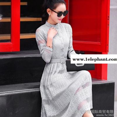 送皮帶立領長袖套頭長裙時尚蕾絲連衣裙a字春秋夏韓版打底裙女裝