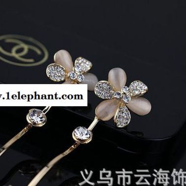E07新款小清新貓眼蝴蝶流蘇長款花朵耳釘 女耳環韓國 韓版飾品