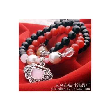水晶貓眼石手鏈 多層紅瑪瑙珍珠手飾 長(zhǎng)命鎖 七夕情人節(jié)禮物